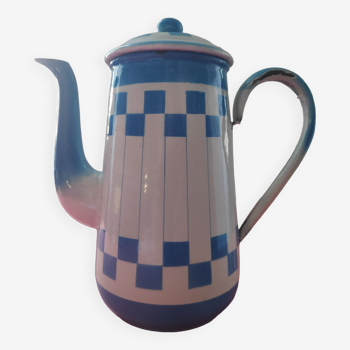 White enamelled sheet metal coffee maker with blue checkered Lustucru style stamped Duco