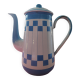 White enamelled sheet metal coffee maker with blue checkered Lustucru style stamped Duco