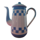 White enamelled sheet metal coffee maker with blue checkered Lustucru style stamped Duco