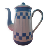 White enamelled sheet metal coffee maker with blue checkered Lustucru style stamped Duco