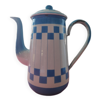 White enamelled sheet metal coffee maker with blue checkered Lustucru style stamped Duco