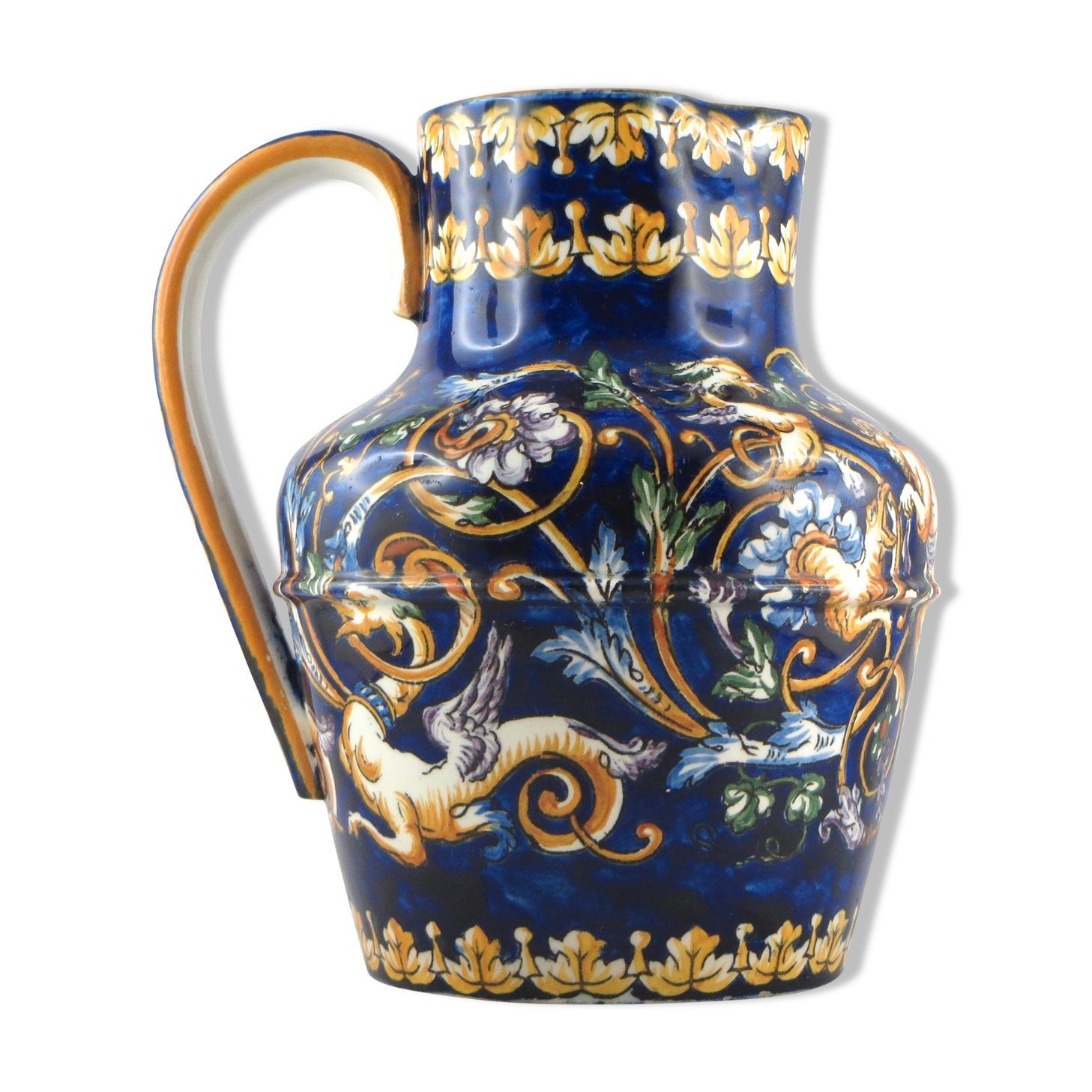 Ancien pichet/broc faïence de gien, renaissance, french ceramic/limoges/putti