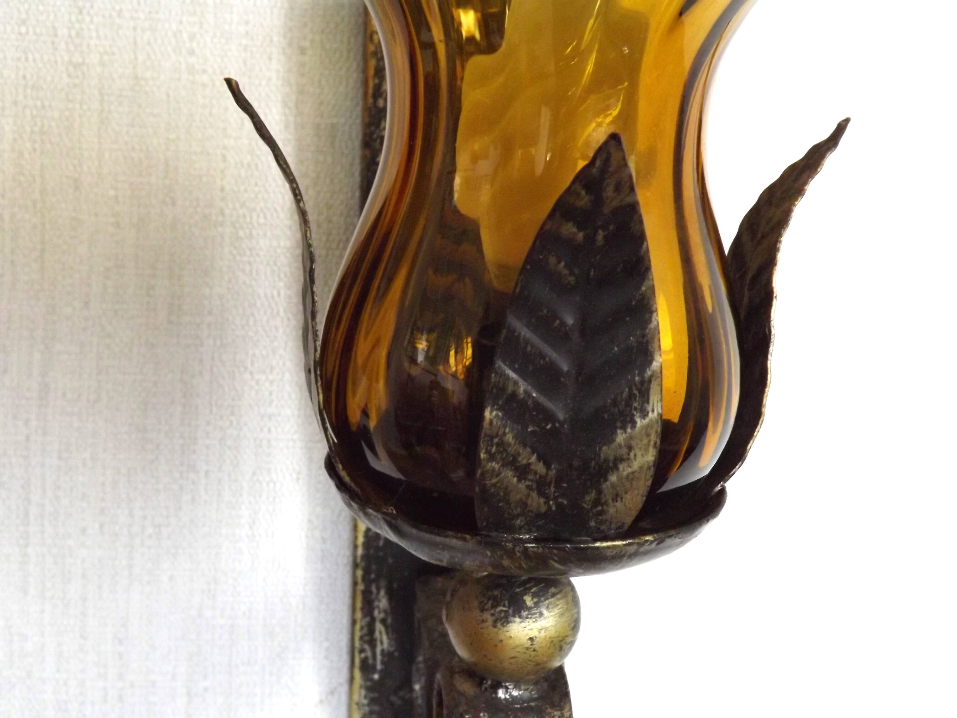 Pair Hand Forged Wrought Iron Medieval Style Wall Lights Amber Glass Shades