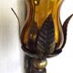 Pair Hand Forged Wrought Iron Medieval Style Wall Lights Amber Glass Shades
