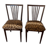 Pair of vintage wood and leopard chairs