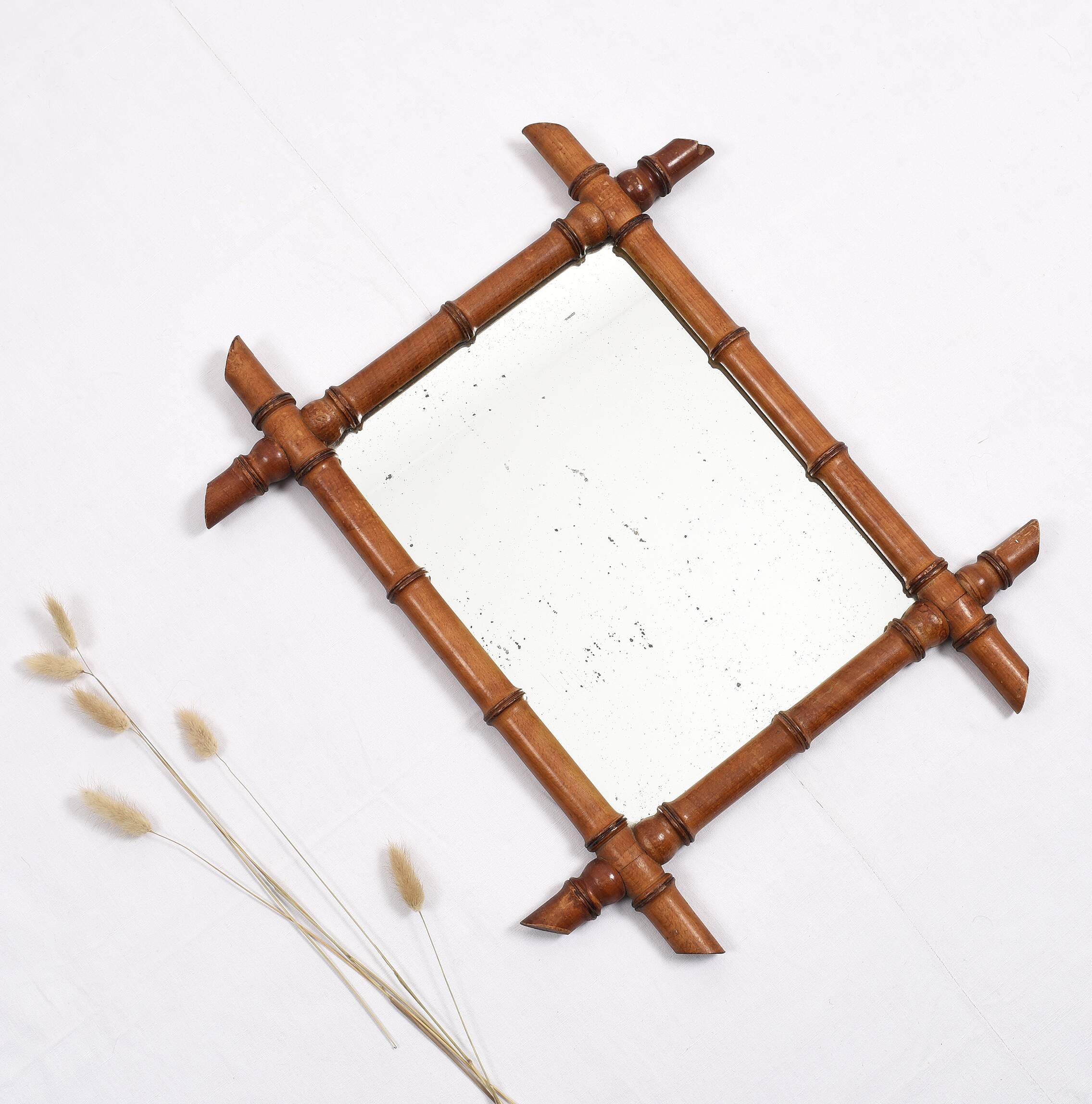 Old turned wooden mirror, bamboo imitation