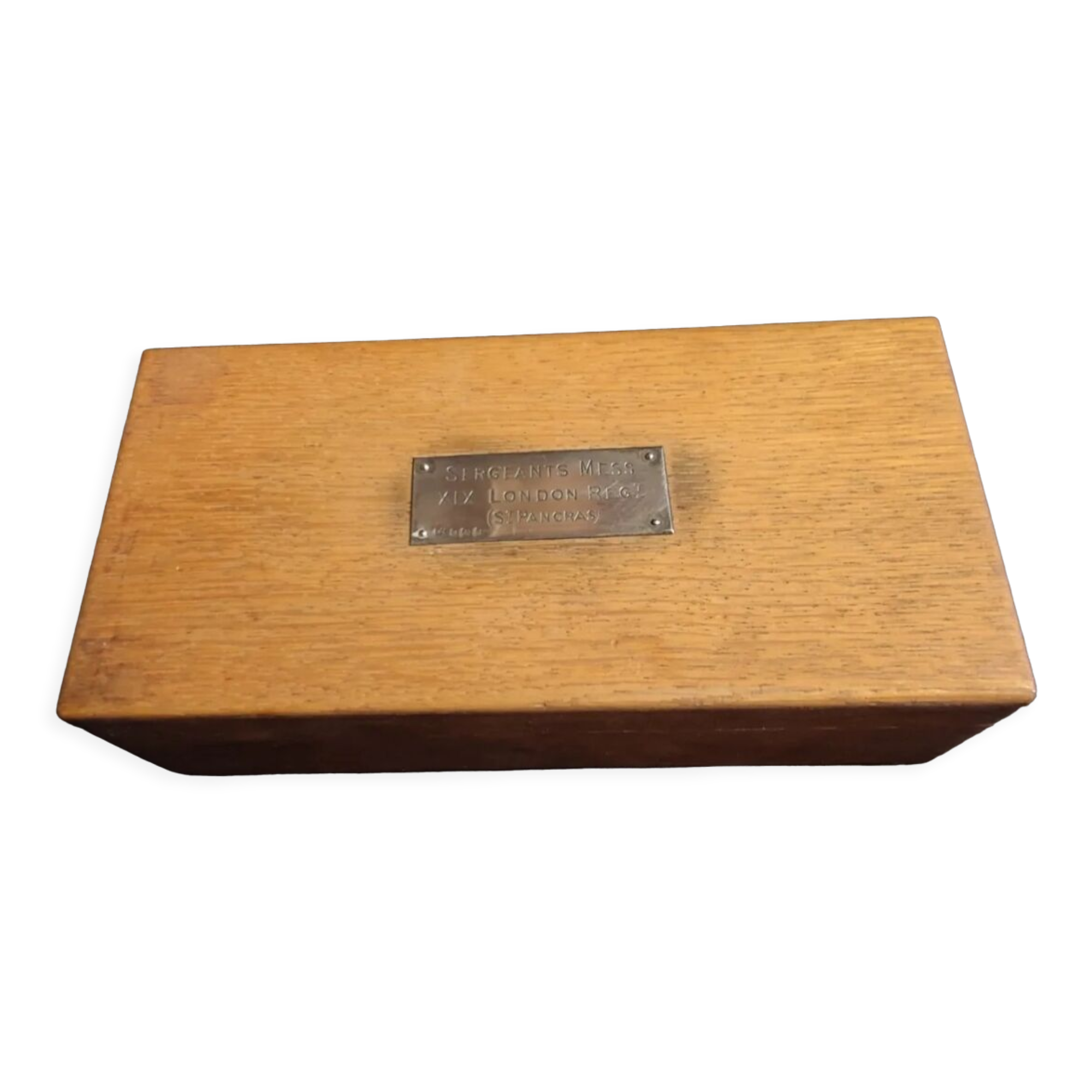 English cigarette box wood and silver plate 19th regiment london old mess
