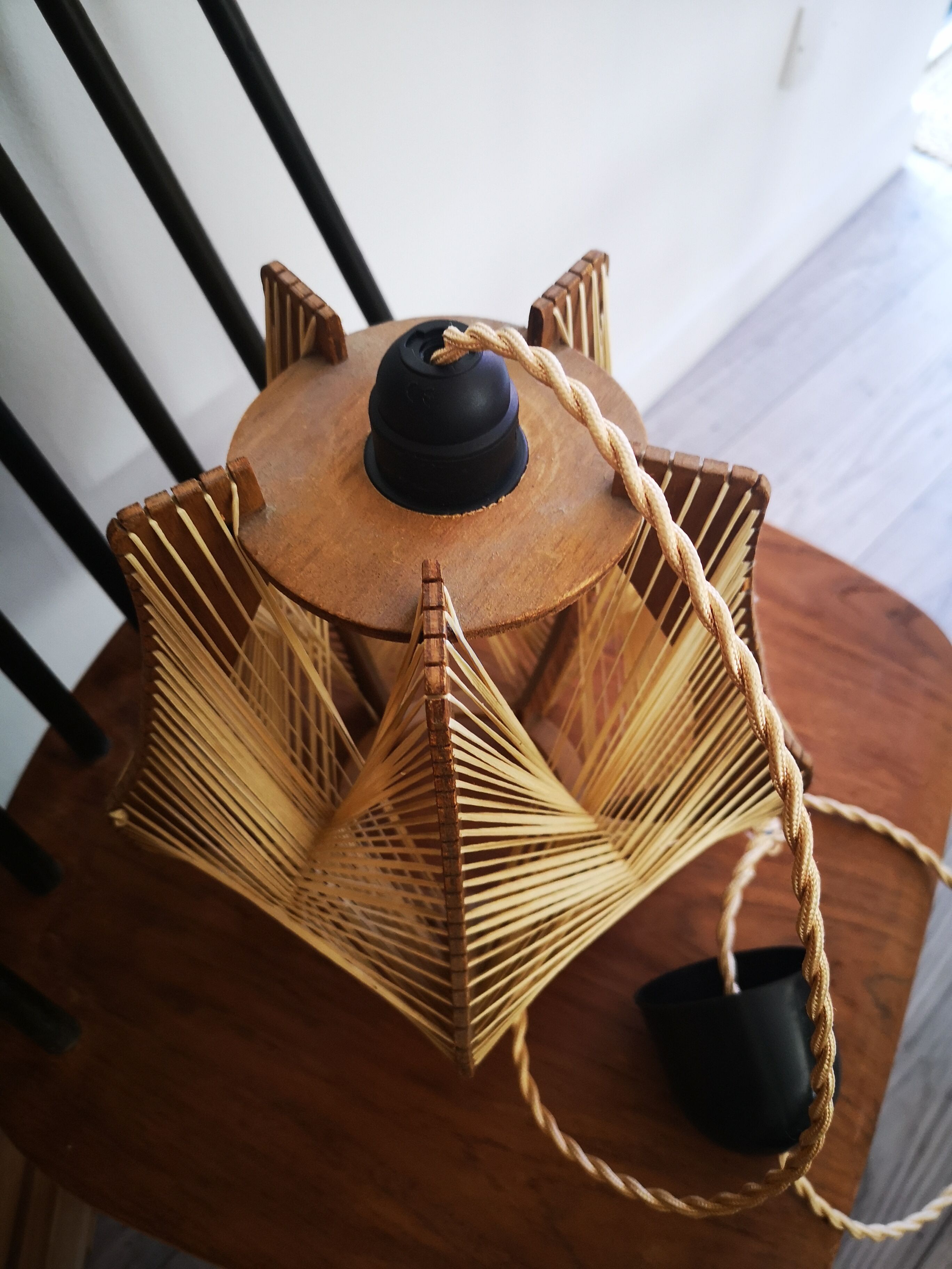 Scandinavian vintage suspension in wood and stretched wires