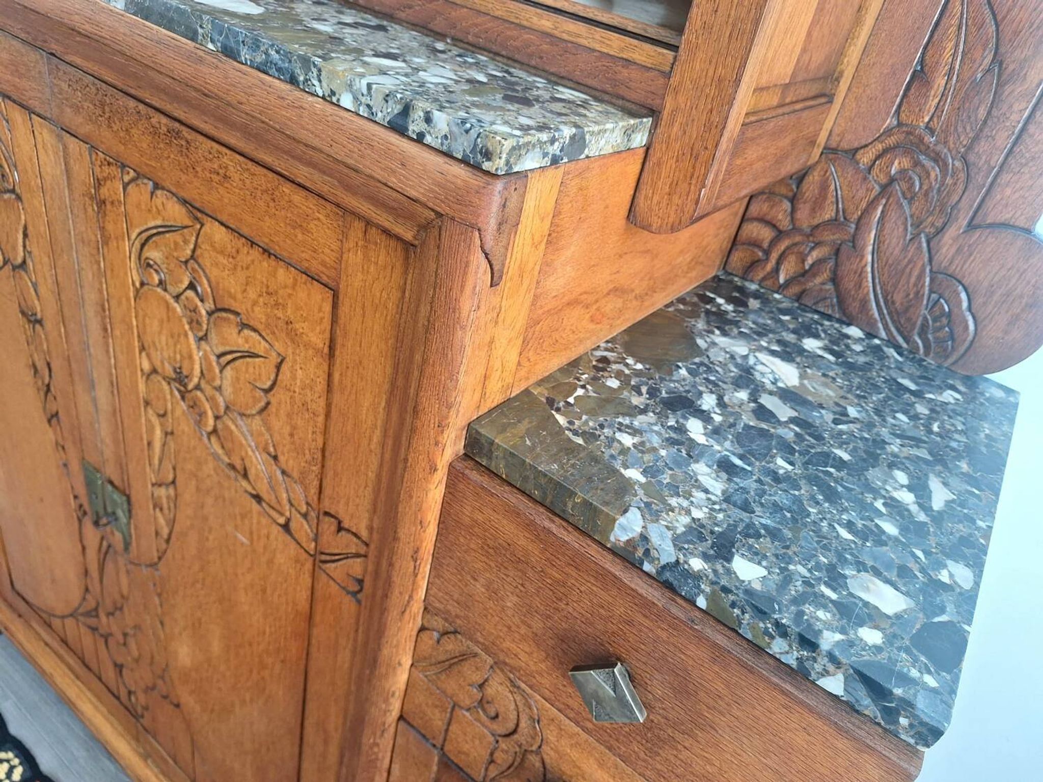 Buffet art déco plateaux marbre, meuble vaisselier ancien, vitrine