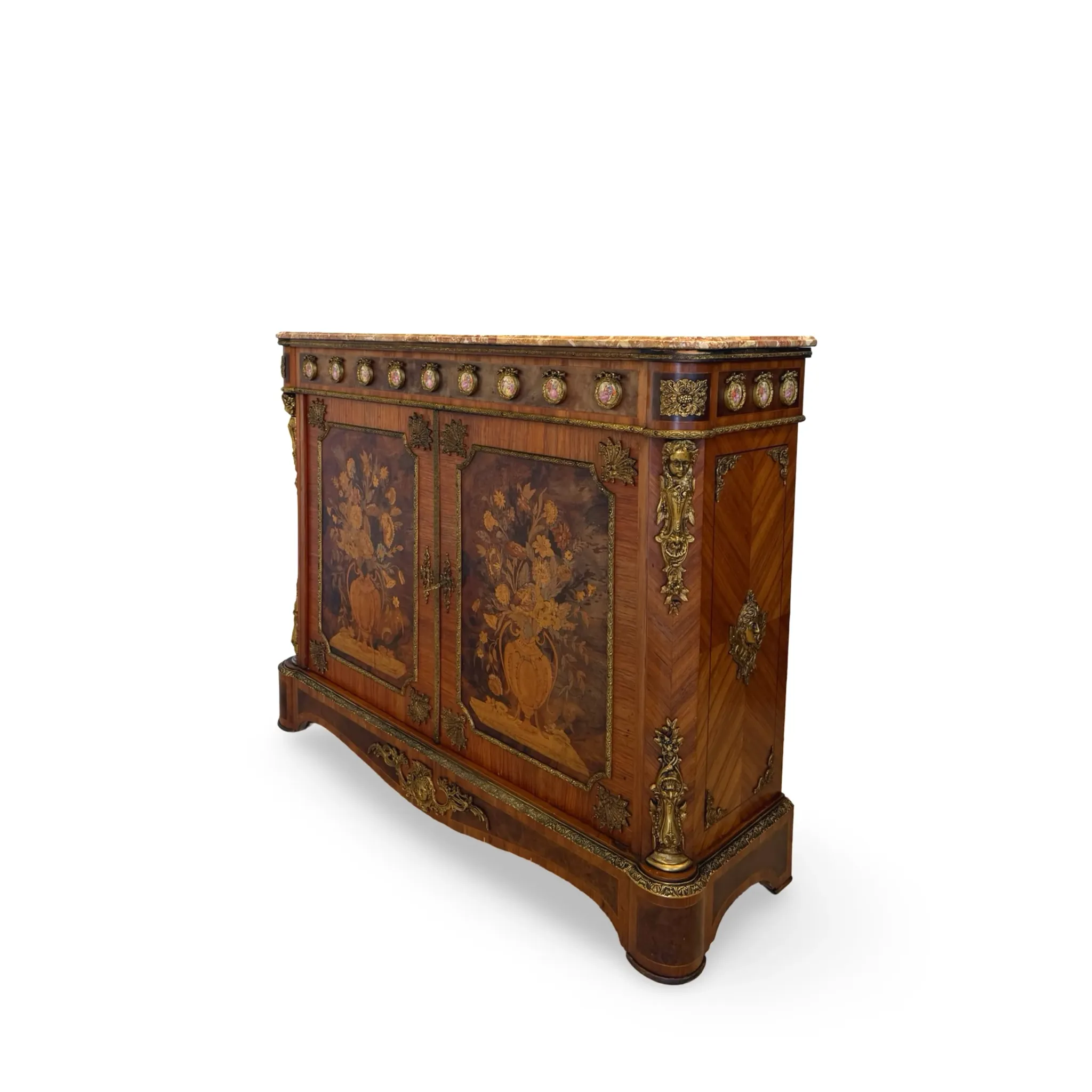 An antique French Louis XVI-style marble-top side cabinet