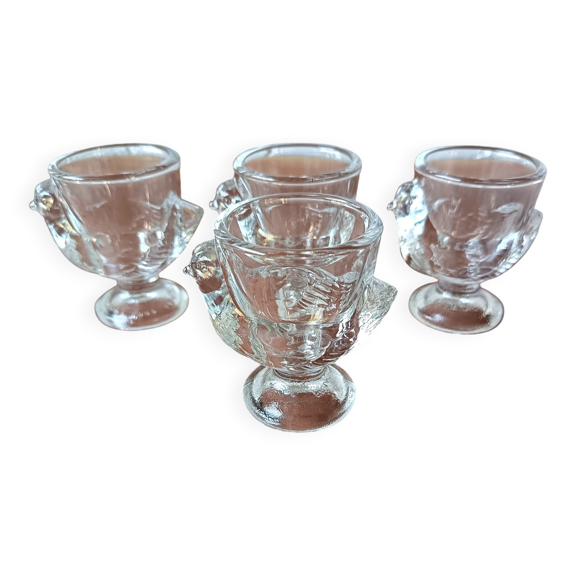 4 VINTAGE French egg cups, transparent glass, hen shape