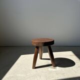 Tripod stool in upcycled teak, low flat - Small tripod stool in brown solid wood, circular seat