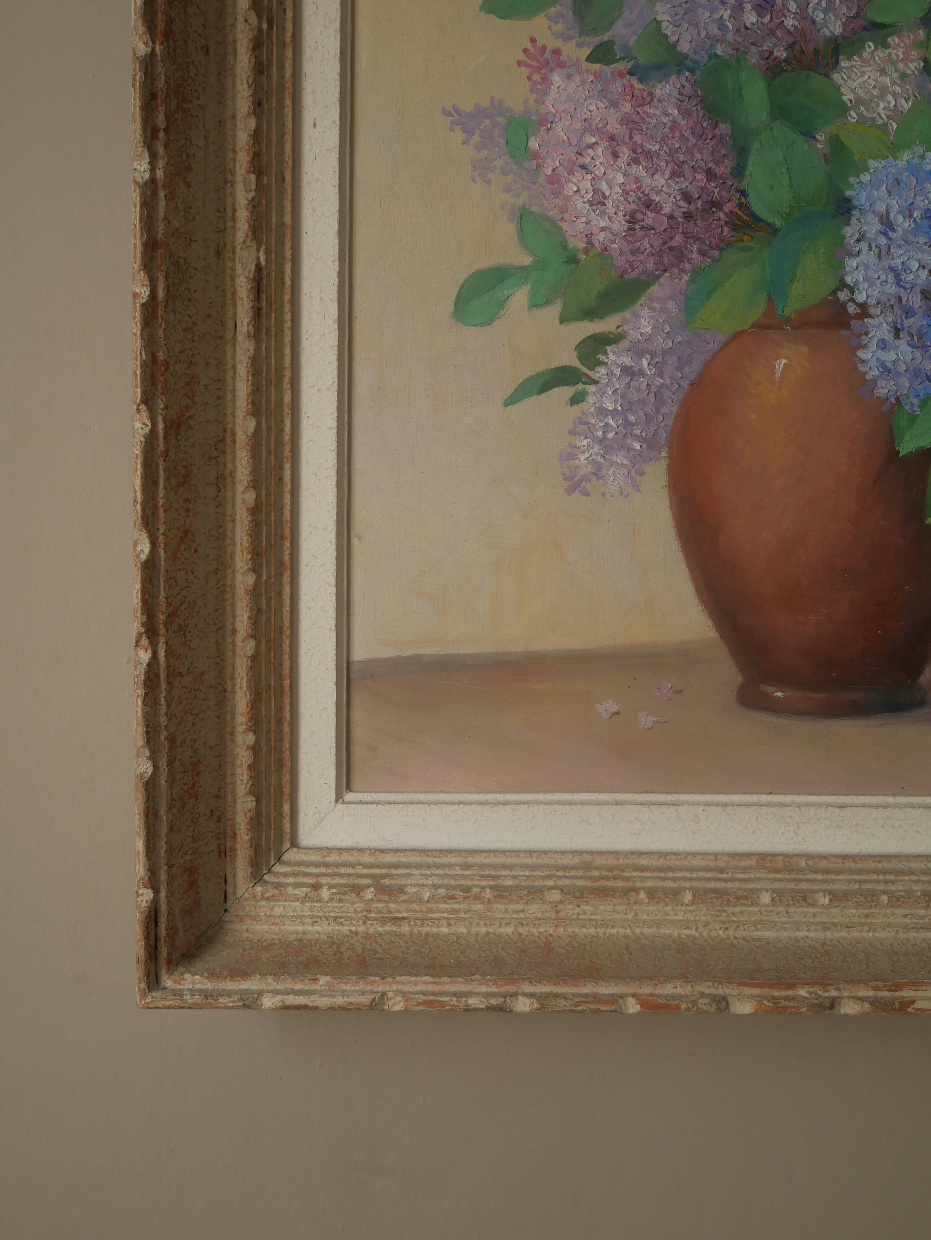 Painting acrylic painting on canvas bouquet lilac flowers decoration countryside old still life