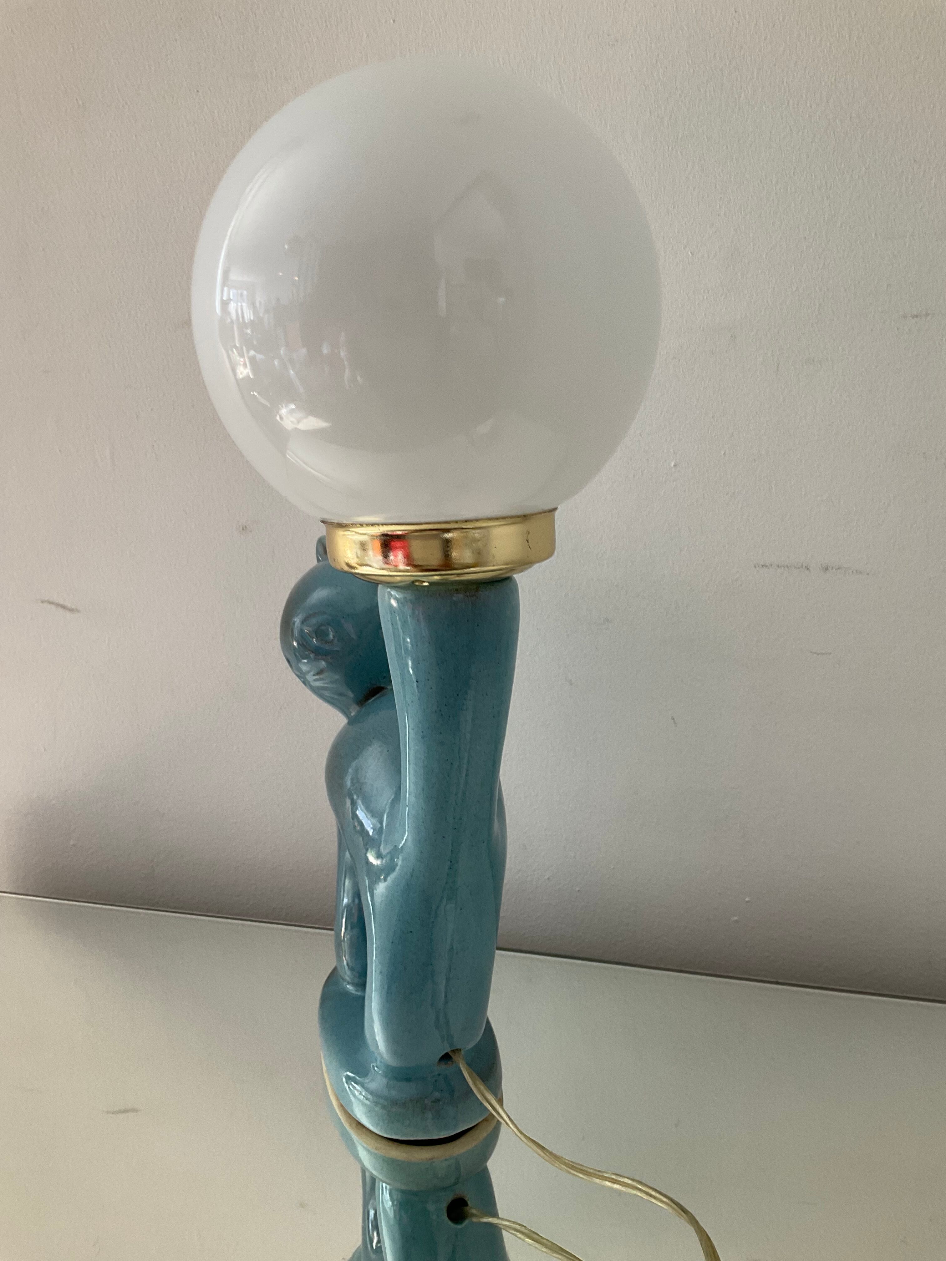 Vintage cat lamp in enamelled ceramic and opaline