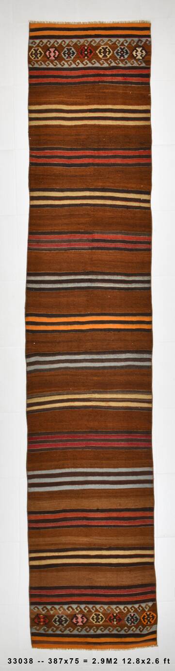 Tapis persan Kilim bordeaux et rouge, 75 x 387 cm