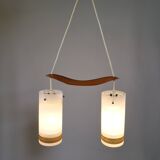 Mid-Century Teak and Opaline Glass Pendant Lamp, 1960s