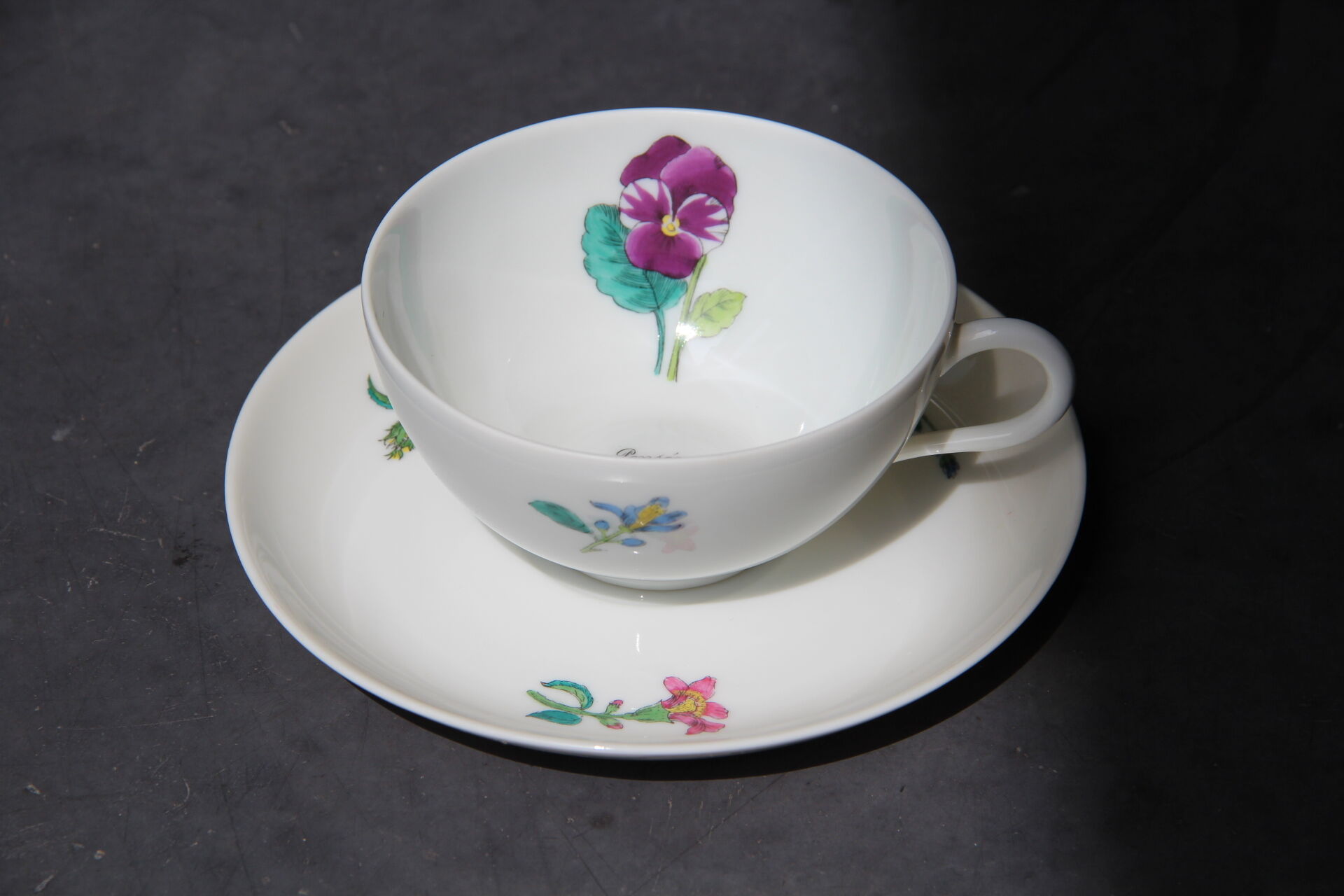 6 CUPS and undercups in NBD Limonges porcelain, hand illuminated, floral patterns