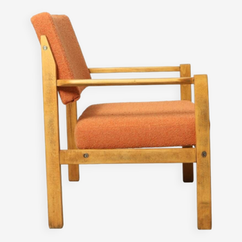 Fauteuil en bois vintage design moderne orange bouclé 1965 style rétro Boho chaise de salon rénové extraordinaire tissus bouclette
