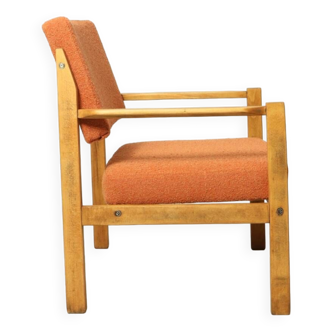 Vintage fauteuil en bois modern design orange bouclé 1965 retro styl Boho chaise de salon rénové extraordinaire tissus bouclette