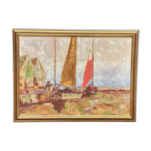 Huile sur toile originale suédoise – « Bateaux à voile » par Melker, 1970