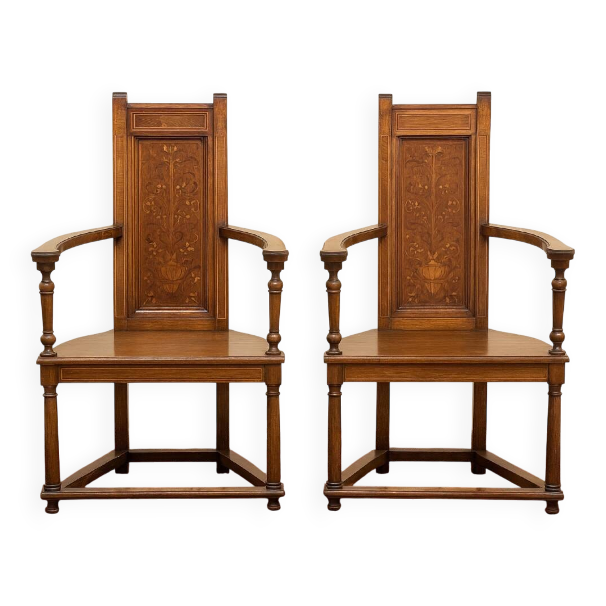 Pair of Renaissance style armchairs in walnut and marquetry.