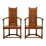 Pair of Renaissance style armchairs in walnut and marquetry.