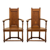 Pair of Renaissance style armchairs in walnut and marquetry.