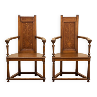 Pair of Renaissance style armchairs in walnut and marquetry.