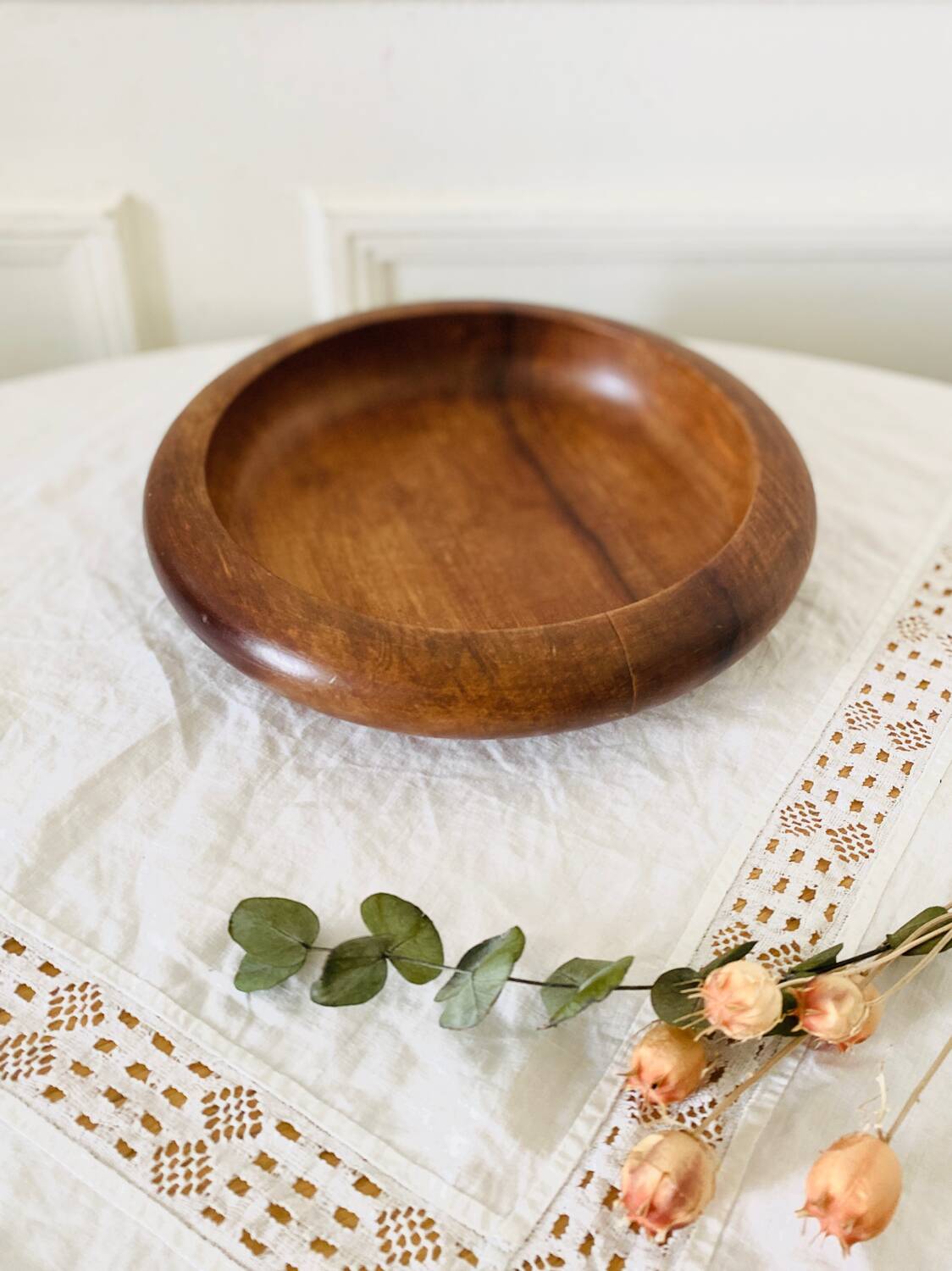 Empty round hollow flat bowl pocket in teak wood