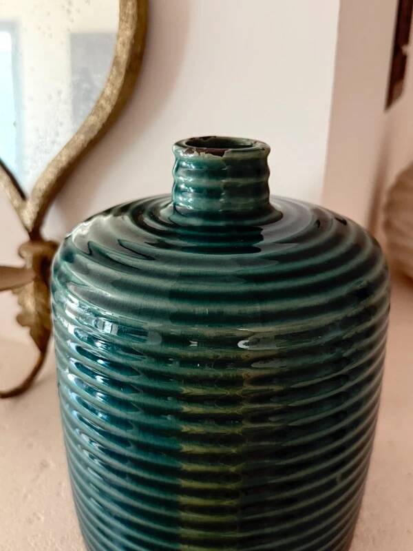 Duck blue ribbed glazed ceramic bottle vase – Mid-Century style