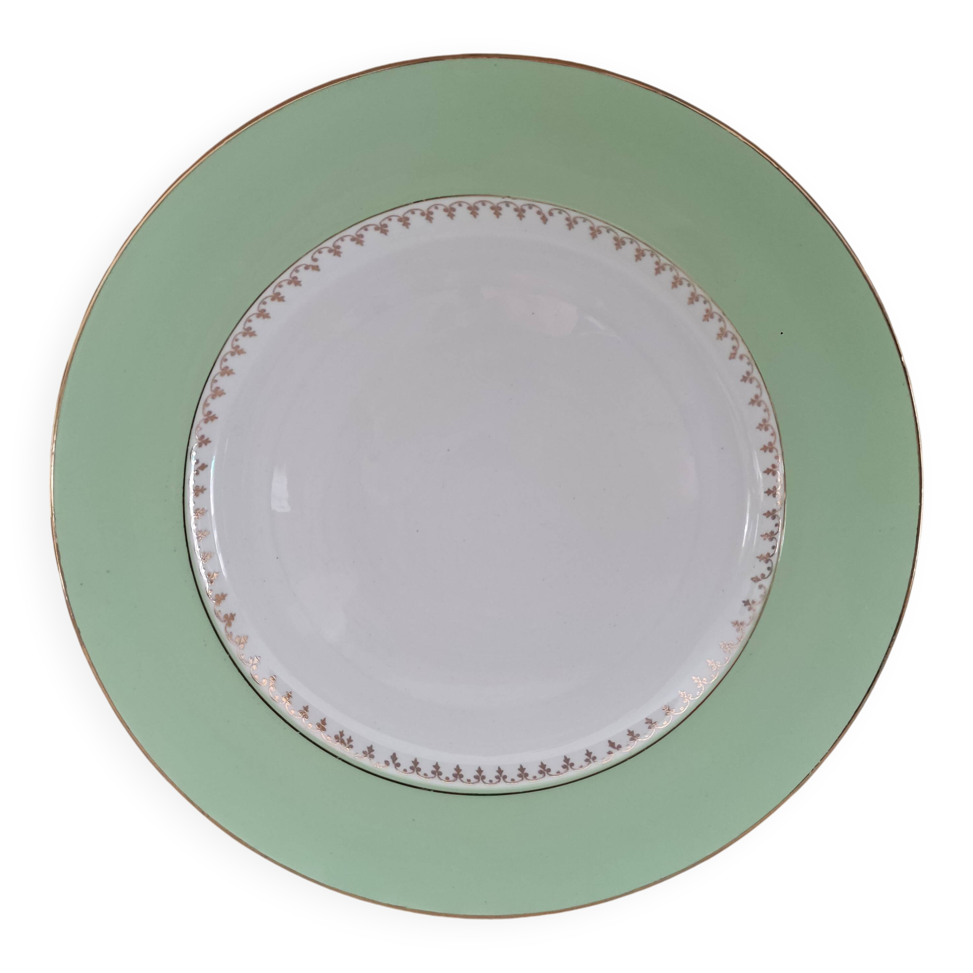 Round plate with aqua green rim and golden frieze, Cafés Lemaire.