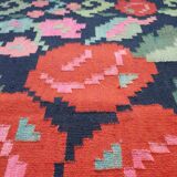 Large Moldavian runner rug with red roses, Romanian floral carpet made by hand with beautiful design 110x265cm