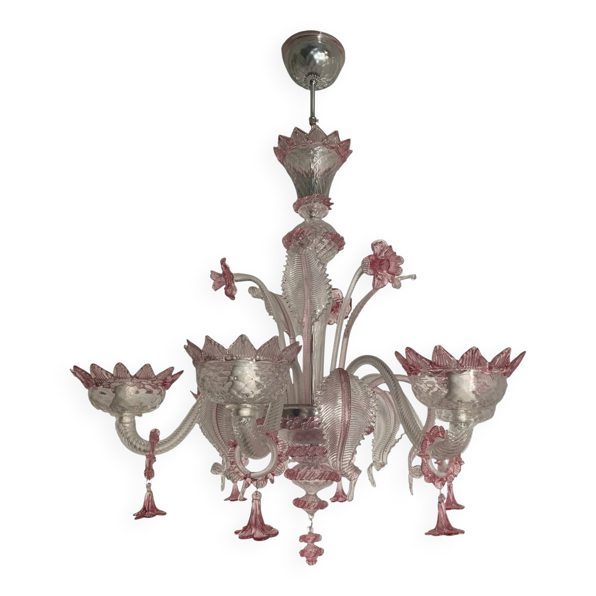 Chandelier in transparent and pink Murano-style glass with flower and leaf.