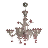 Chandelier in transparent and pink Murano-style glass with flower and leaf.
