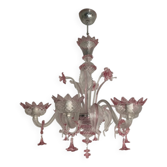 Chandelier in transparent and pink Murano-style glass with flower and leaf.