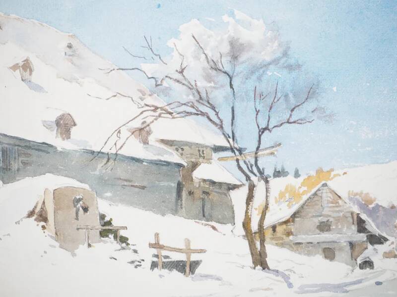 René leverd: switzerland, the sheepfold of lagnau, original signed watercolor