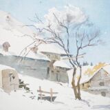 René leverd: switzerland, the sheepfold of lagnau, original signed watercolor