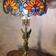 bronze lamp angel 1970 pull switch 63x30 stained glass shade