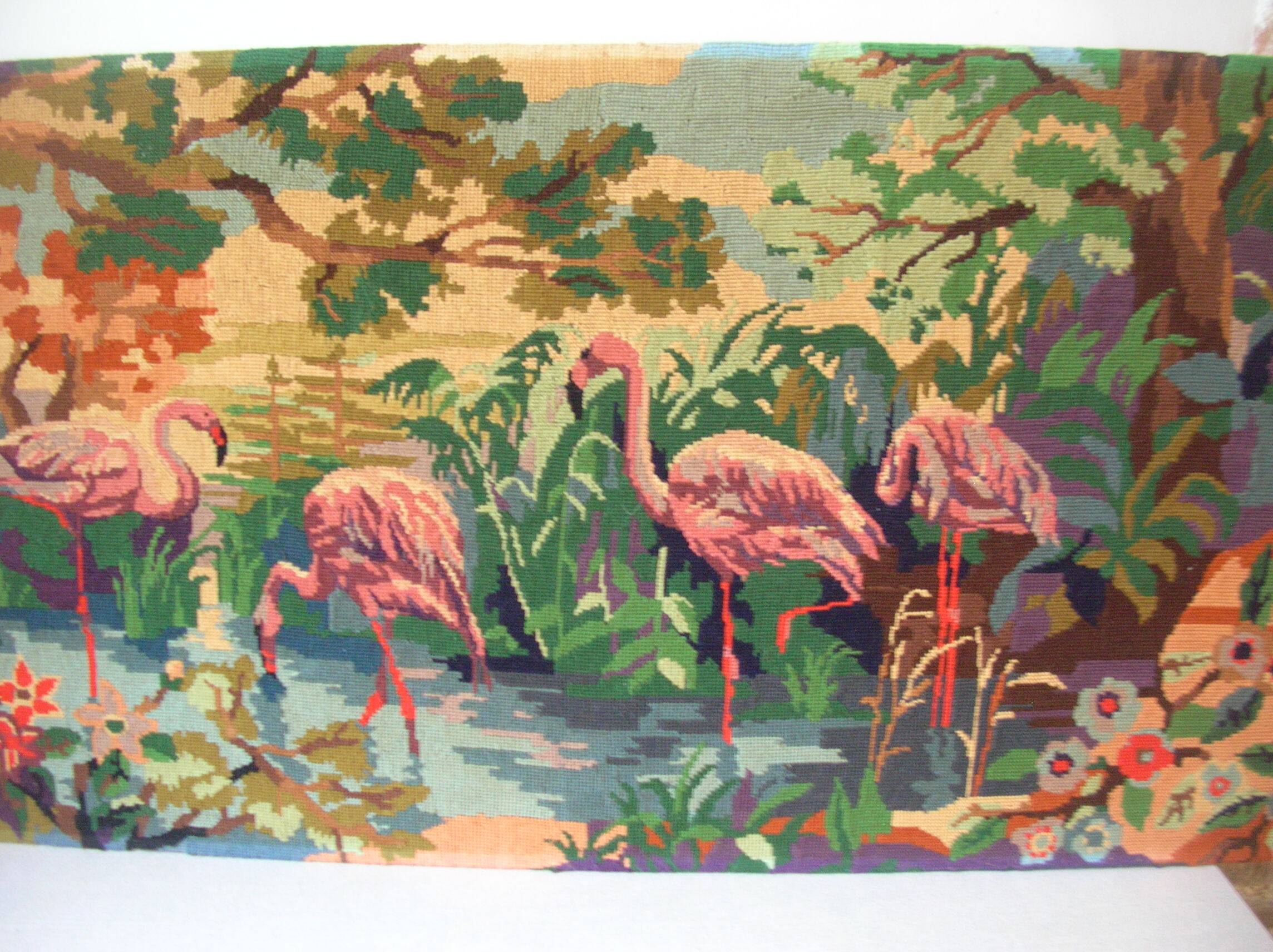 Old canvas tapestry made from a group of pink flamingos 102 cm vintage decoration 1970