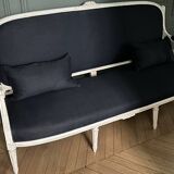 Louis XVI style bench with patina in navy fabric, 19th century