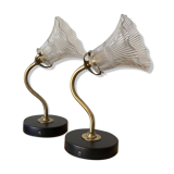 Pair of brass swan neck wall lights with transparent glass shades.