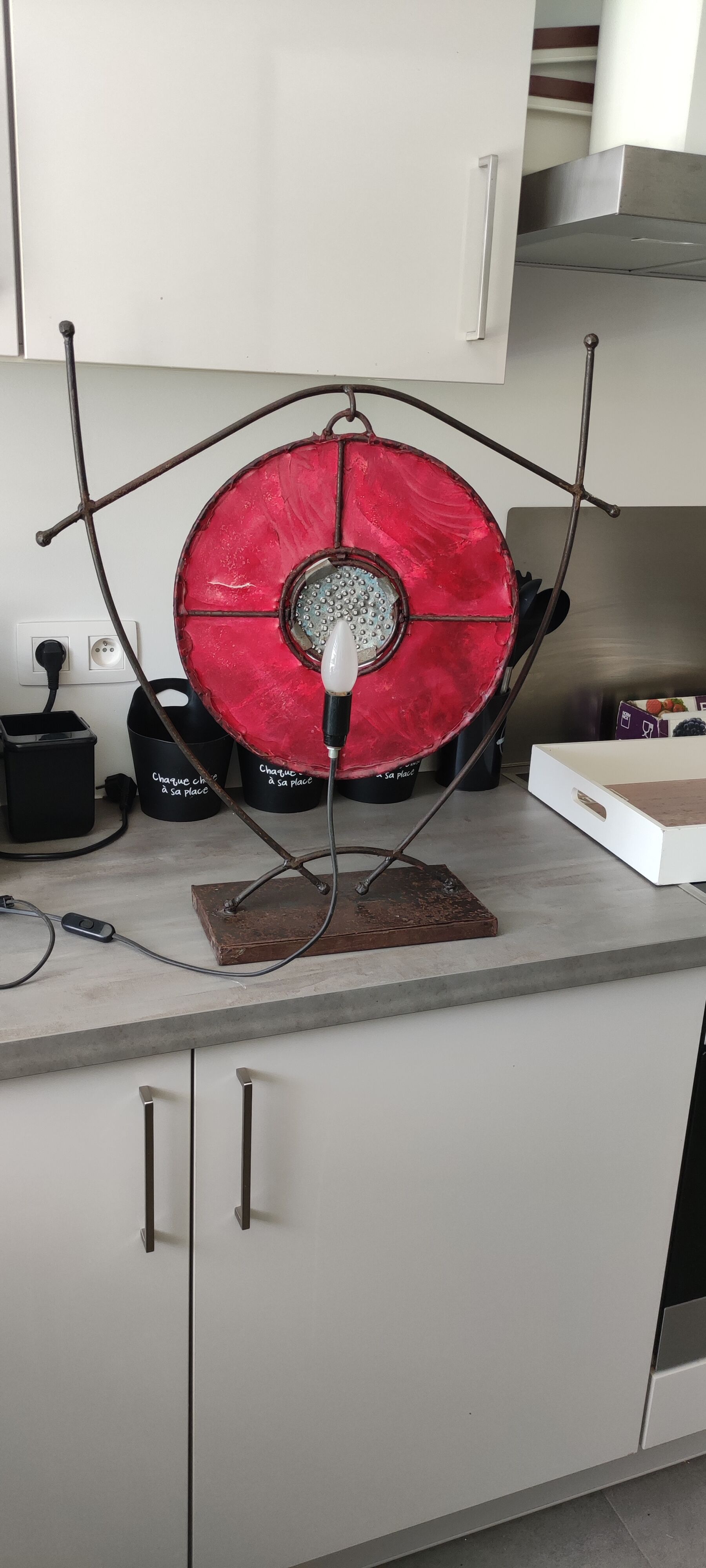 Brutalist metal and red lamp