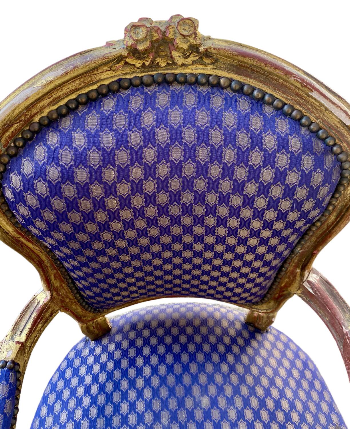 Pair of baroque armchairs in Louis XV style with blue satin fabric.