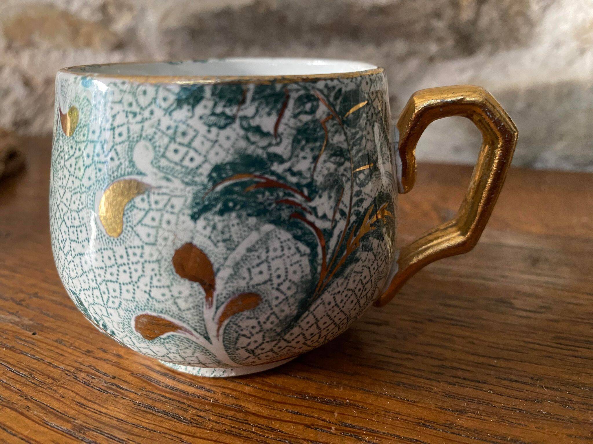 Creil et Montereau cup and saucer green and gold floral pattern
