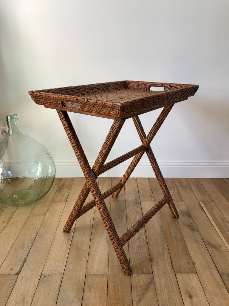 Rattan console exotic wood vintage removable tray 70s