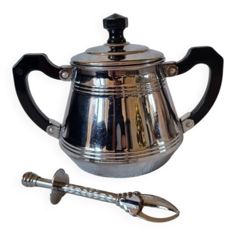 Sugar bowl and metal and Bakelite tongs