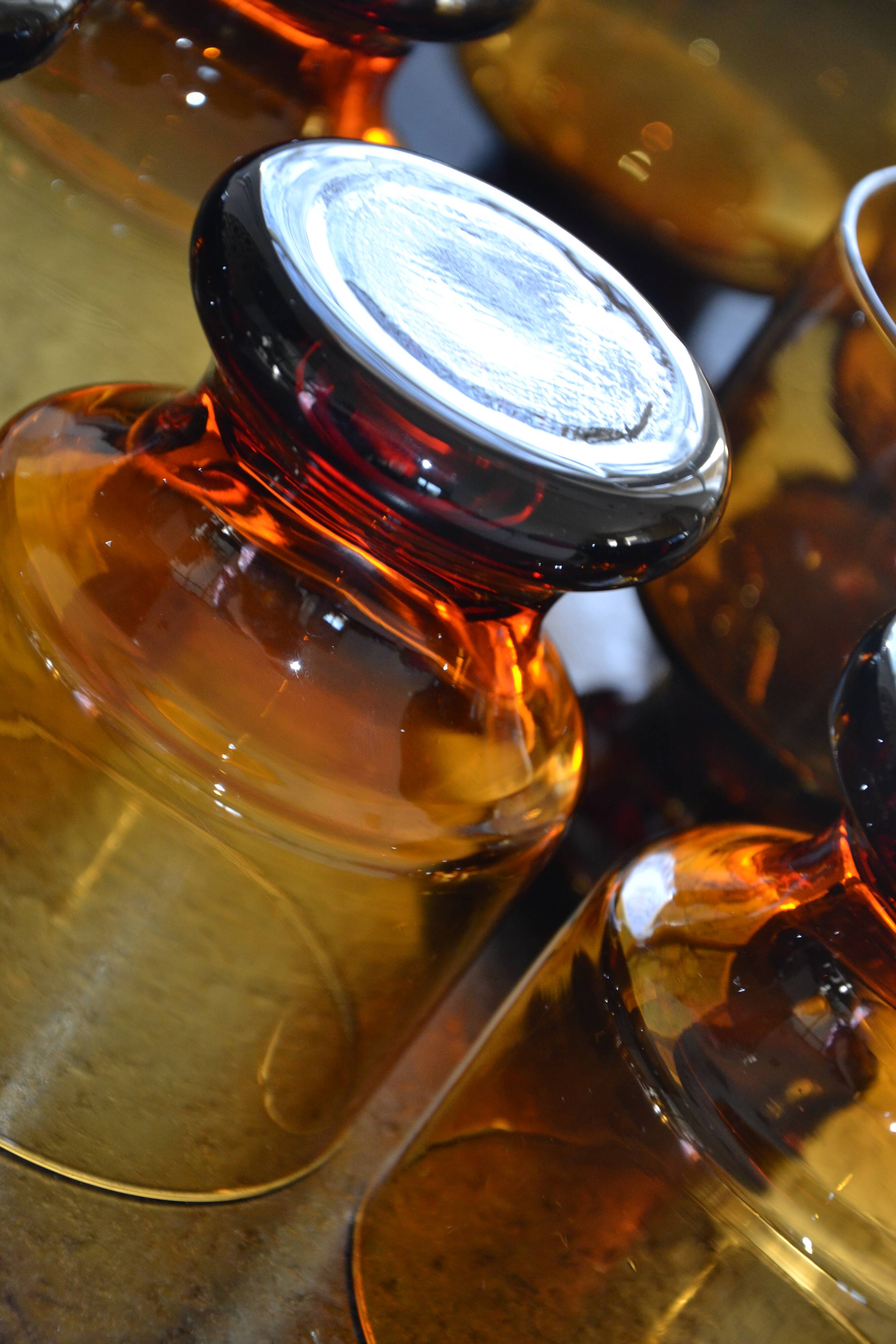 7 Vintage Mouth Blown Amber Stemmed Glasses