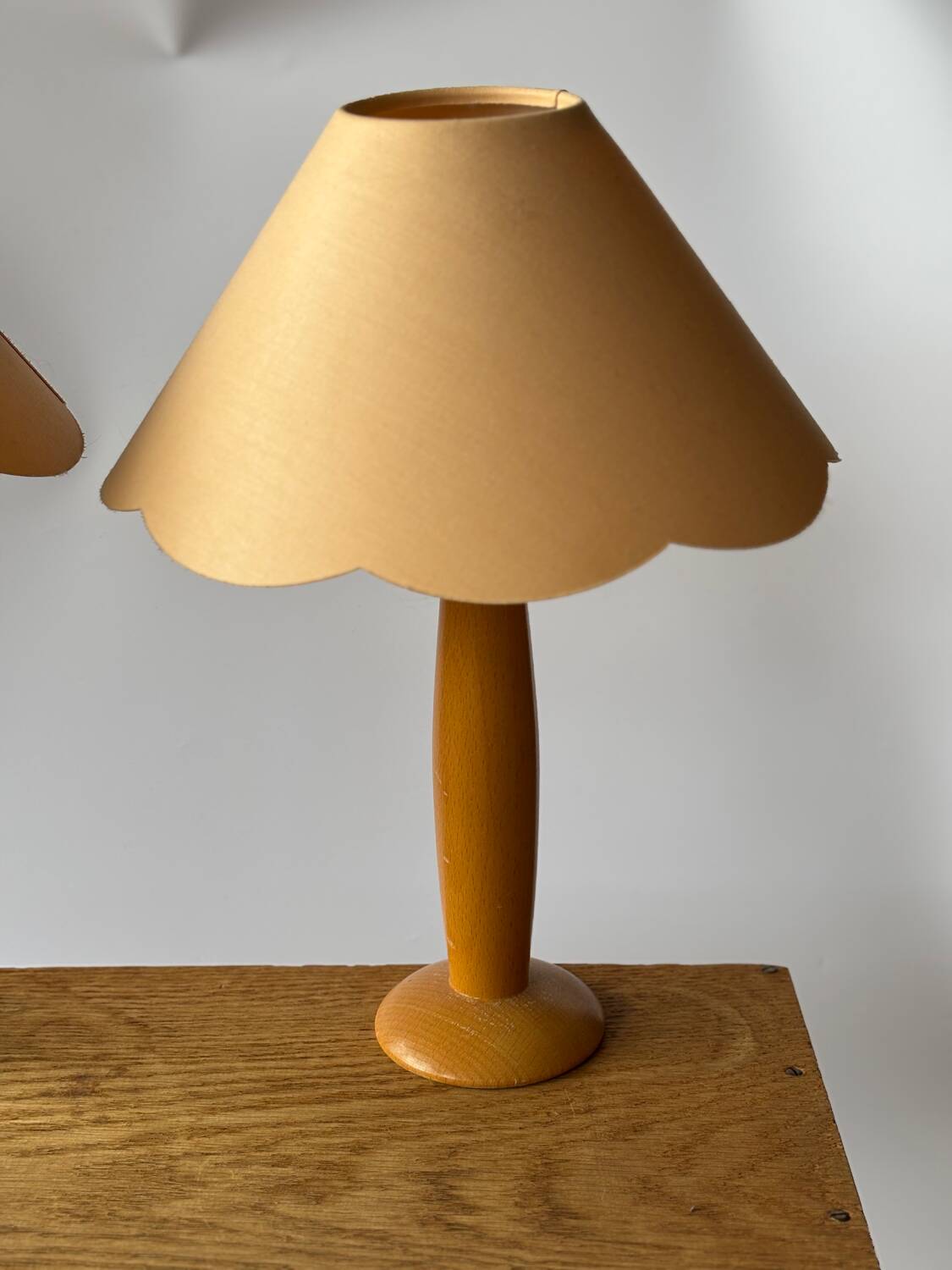 2 vintage wooden and fabric bedside lamps