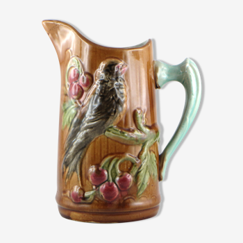 Pichet/broc ancien barbotine "décor aux oiseaux" faïence/majolica/birds/onnaing