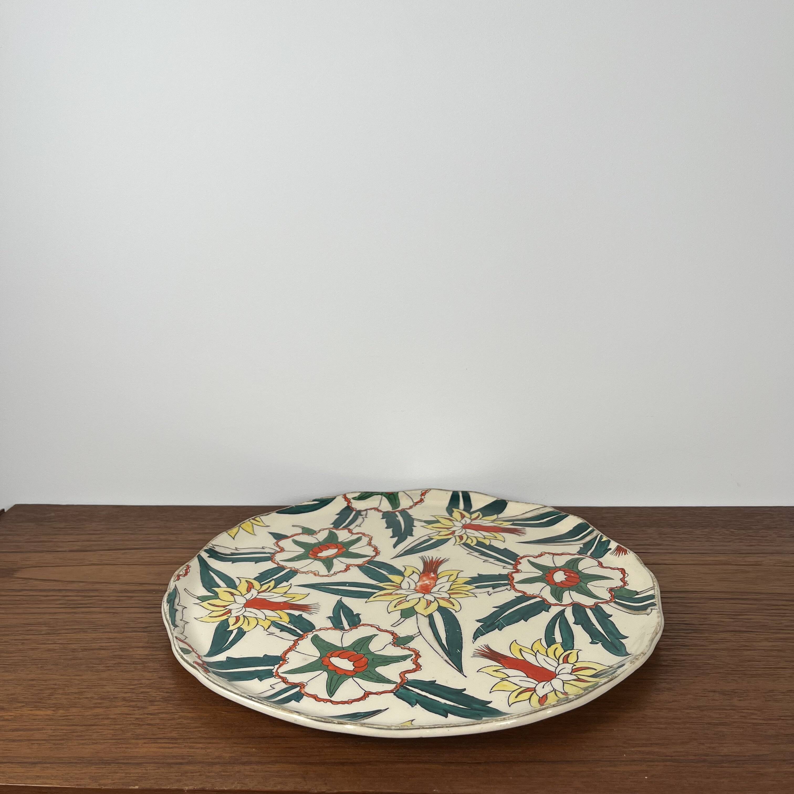 Longwy cake dish, "Romance" model, early 20th century.